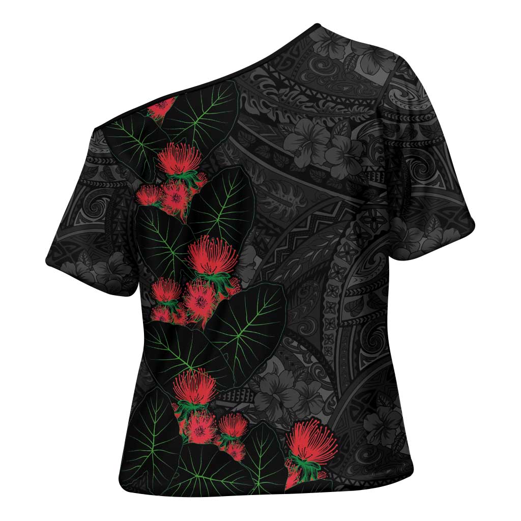 Hawaiian Taro Leaves and Ohia Lehua Cross Shoulder Shirt Polynesian Tribal Art Tropical Plants Motifs Grayscale LT03 - Polynesian Pride