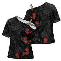 Hawaiian Taro Leaves and Ohia Lehua Cross Shoulder Shirt Polynesian Tribal Art Tropical Plants Motifs Grayscale LT03 - Polynesian Pride