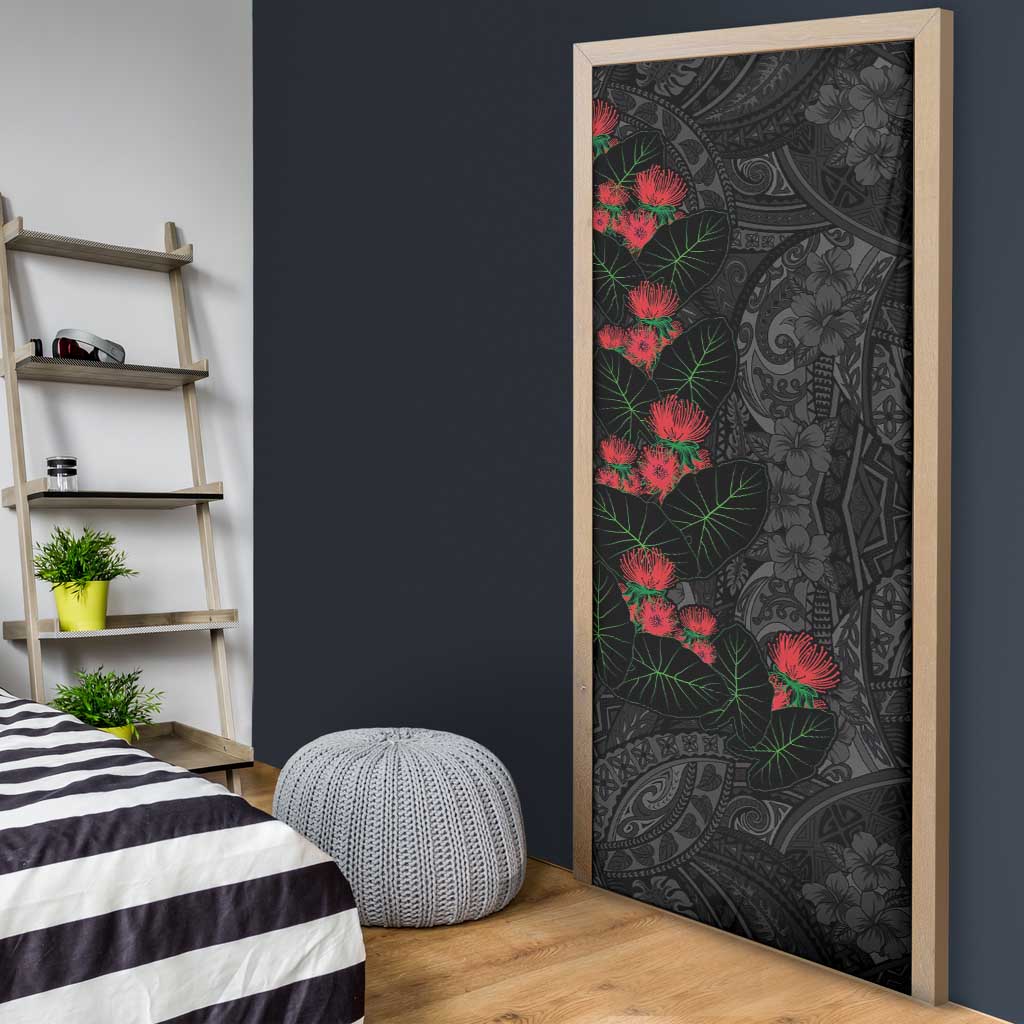 Hawaiian Taro Leaves and Ohia Lehua Door Cover Polynesian Tribal Art Tropical Plants Motifs Grayscale LT03 - Polynesian Pride