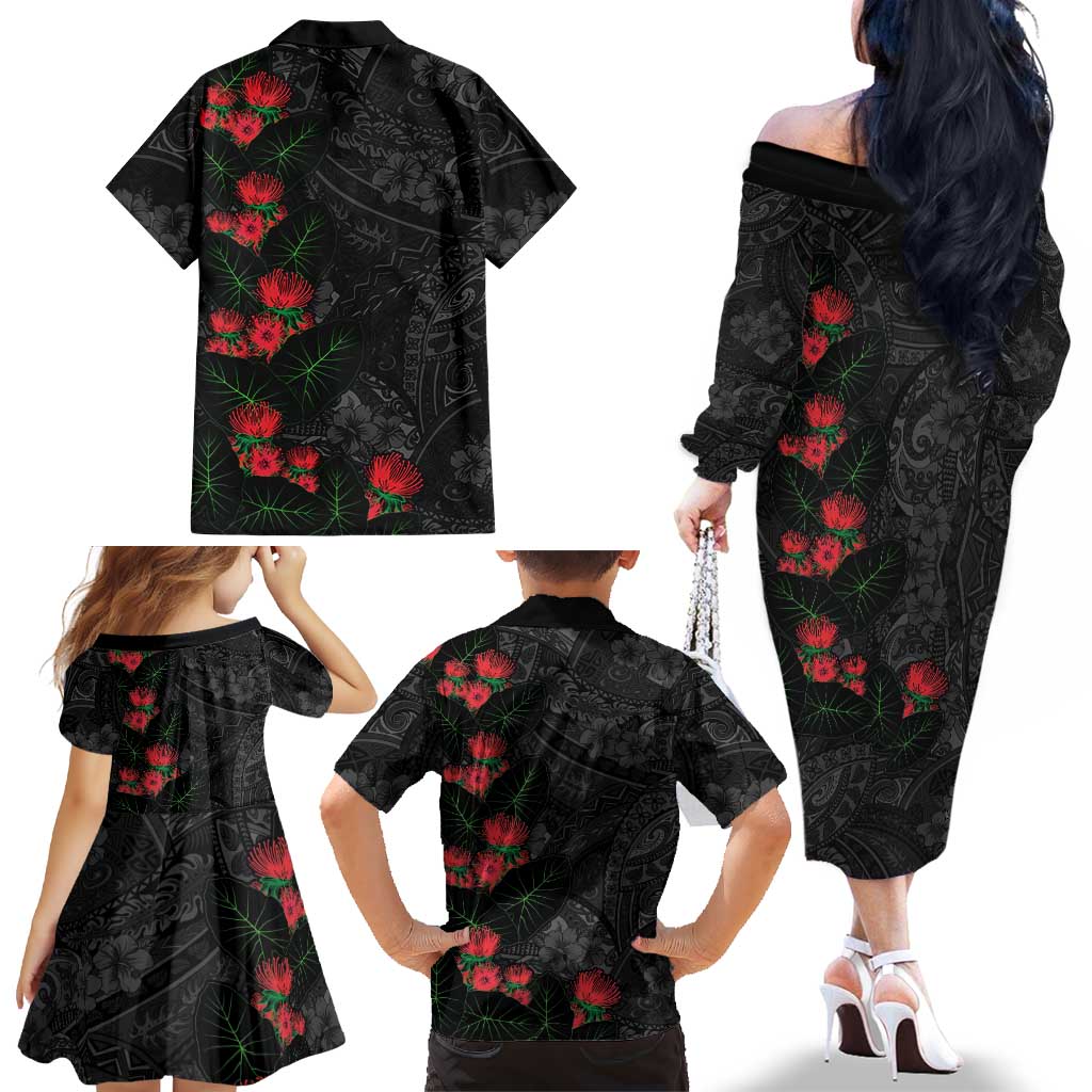Hawaiian Taro Leaves and Ohia Lehua Family Matching Off The Shoulder Long Sleeve Dress and Hawaiian Shirt Polynesian Tribal Art Tropical Plants Motifs Grayscale LT03 - Polynesian Pride