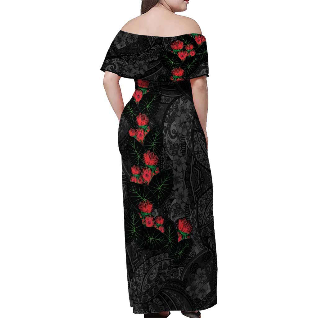 Hawaiian Taro Leaves and Ohia Lehua Family Matching Off Shoulder Maxi Dress and Hawaiian Shirt Polynesian Tribal Art Tropical Plants Motifs Grayscale LT03 - Polynesian Pride