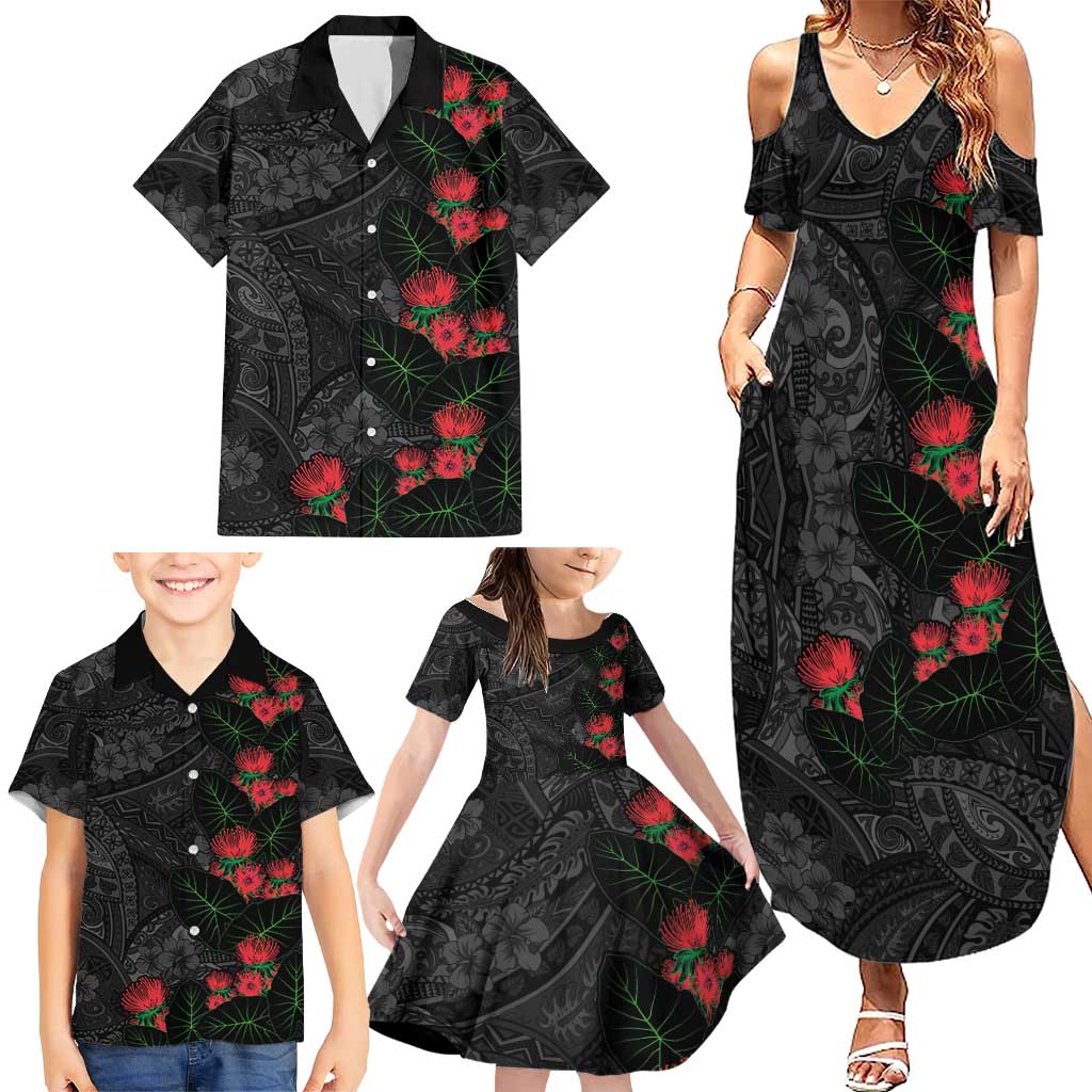 Hawaiian Taro Leaves and Ohia Lehua Family Matching Summer Maxi Dress and Hawaiian Shirt Polynesian Tribal Art Tropical Plants Motifs Grayscale LT03 - Polynesian Pride