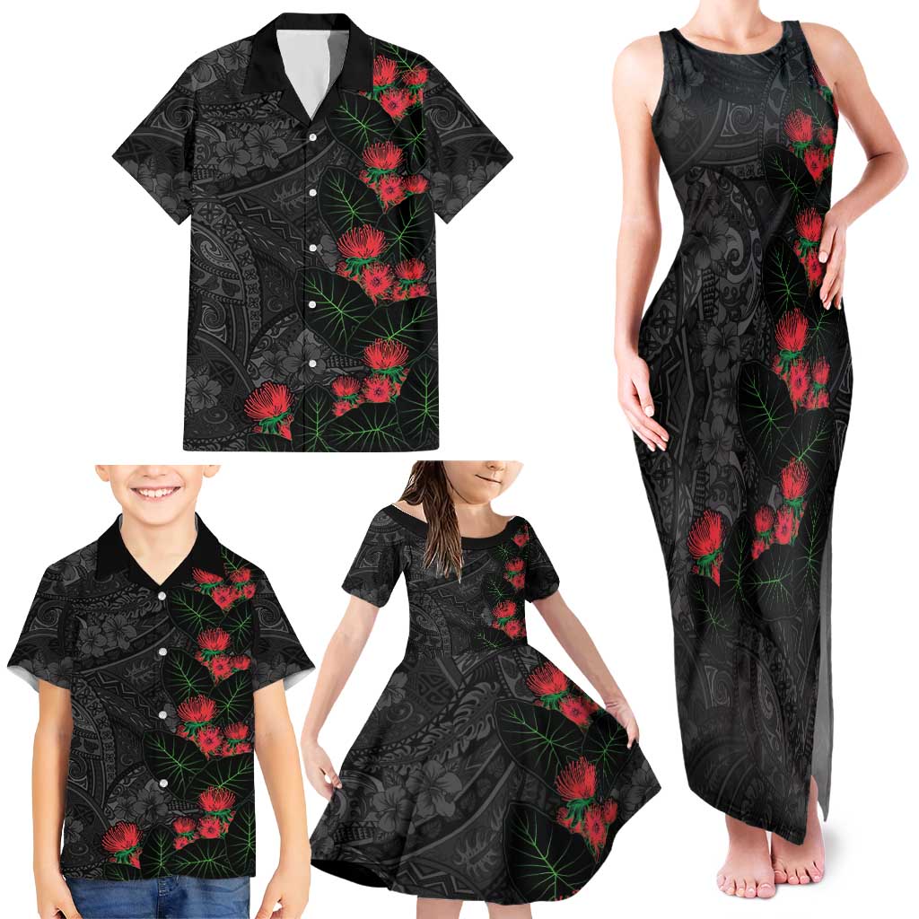 Hawaiian Taro Leaves and Ohia Lehua Family Matching Tank Maxi Dress and Hawaiian Shirt Polynesian Tribal Art Tropical Plants Motifs Grayscale