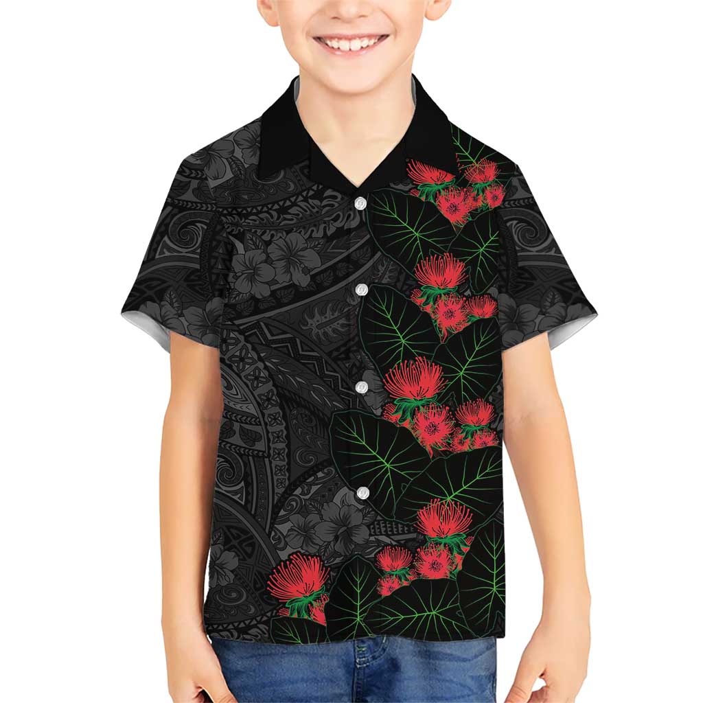 Hawaiian Taro Leaves and Ohia Lehua Hawaiian Shirt Polynesian Tribal Art Tropical Plants Motifs Grayscale LT03 - Polynesian Pride