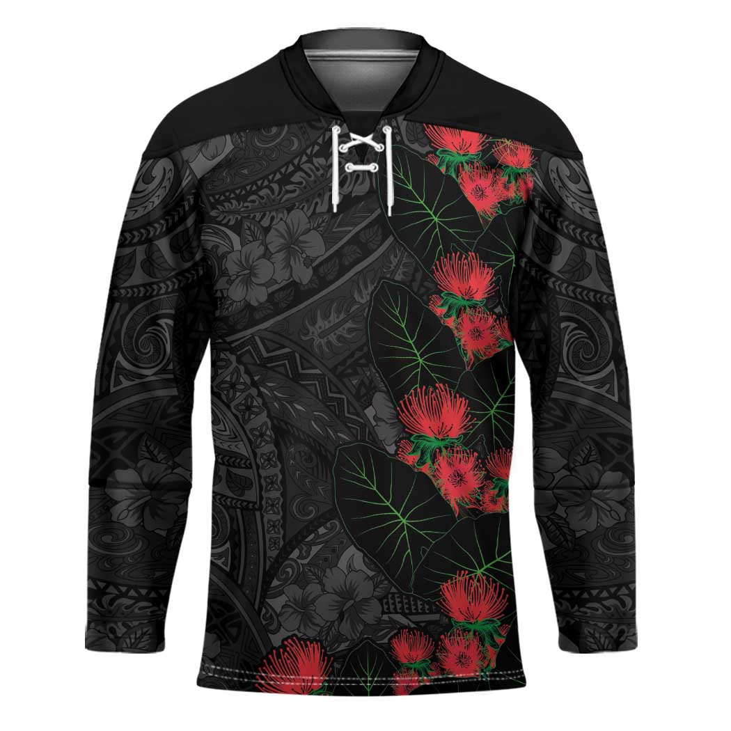 Hawaiian Taro Leaves and Ohia Lehua Hockey Jersey Polynesian Tribal Art Tropical Plants Motifs Grayscale LT03 Unisex Multicolor - Polynesian Pride