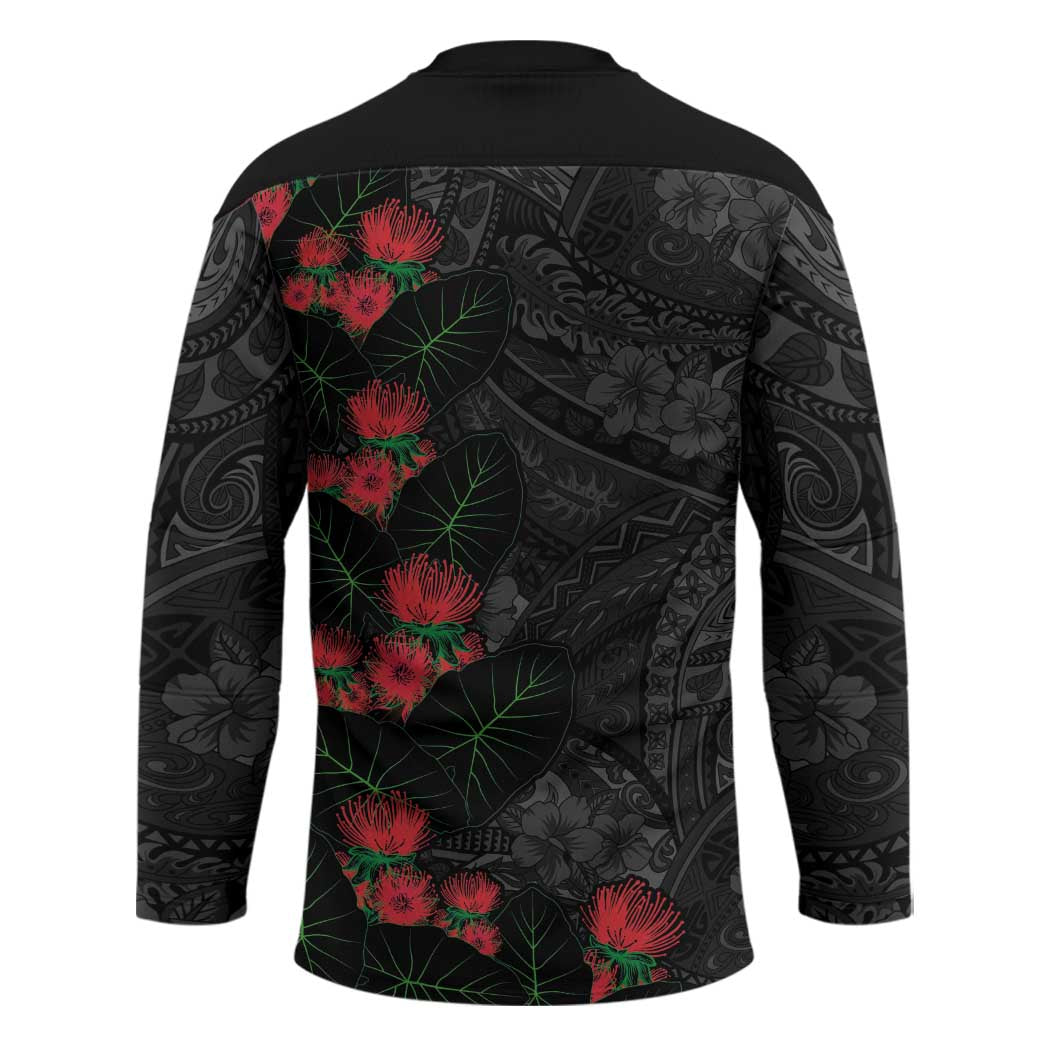 Hawaiian Taro Leaves and Ohia Lehua Hockey Jersey Polynesian Tribal Art Tropical Plants Motifs Grayscale LT03 - Polynesian Pride