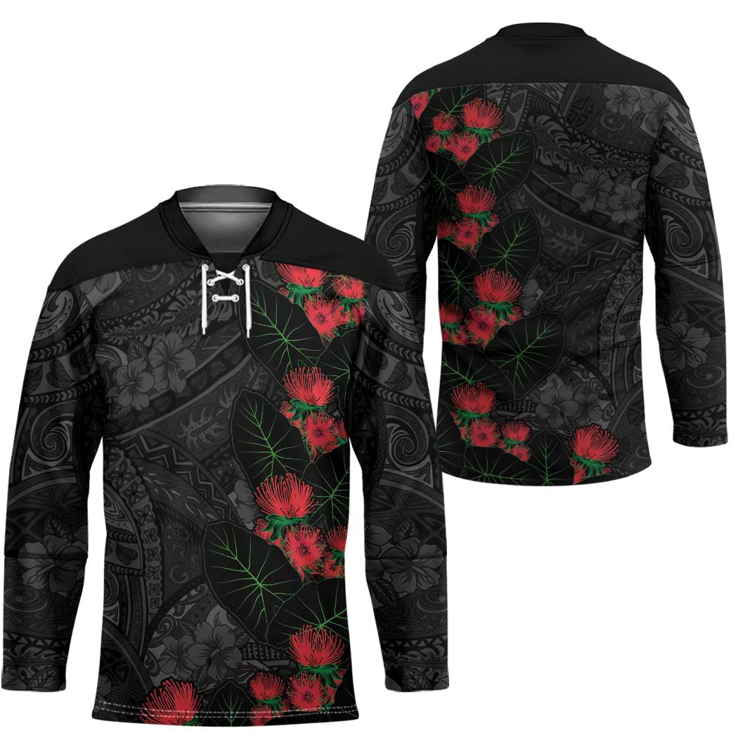 Hawaiian Taro Leaves and Ohia Lehua Hockey Jersey Polynesian Tribal Art Tropical Plants Motifs Grayscale LT03 - Polynesian Pride