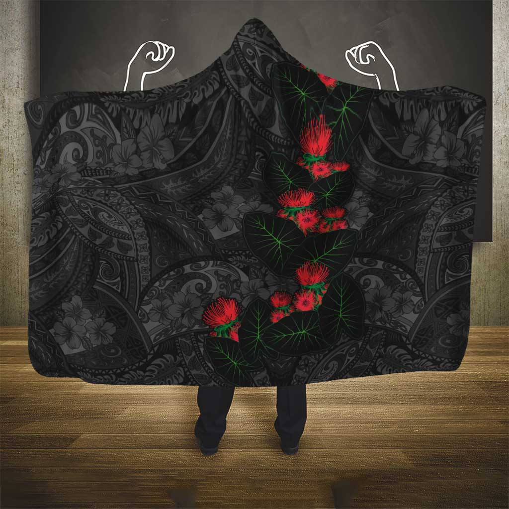 Hawaiian Taro Leaves and Ohia Lehua Hooded Blanket Polynesian Tribal Art Tropical Plants Motifs Grayscale LT03 - Polynesian Pride