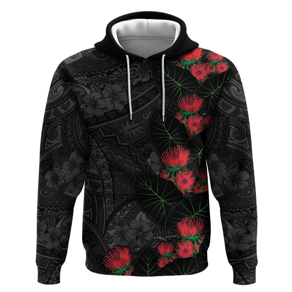 Hawaiian Taro Leaves and Ohia Lehua Hoodie Polynesian Tribal Art Tropical Plants Motifs Grayscale LT03 Pullover Hoodie Multicolor - Polynesian Pride