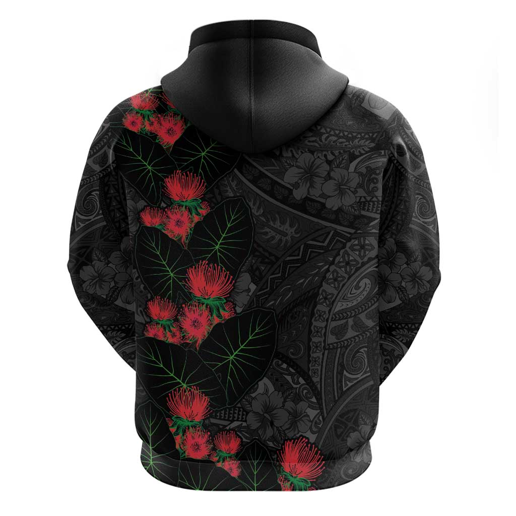 Hawaiian Taro Leaves and Ohia Lehua Hoodie Polynesian Tribal Art Tropical Plants Motifs Grayscale LT03 - Polynesian Pride