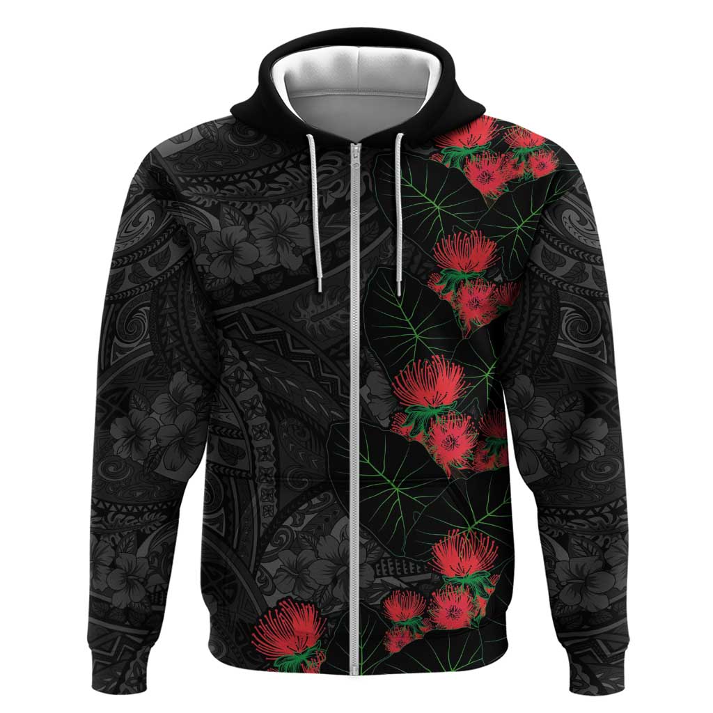 Hawaiian Taro Leaves and Ohia Lehua Hoodie Polynesian Tribal Art Tropical Plants Motifs Grayscale LT03 Zip Hoodie Multicolor - Polynesian Pride
