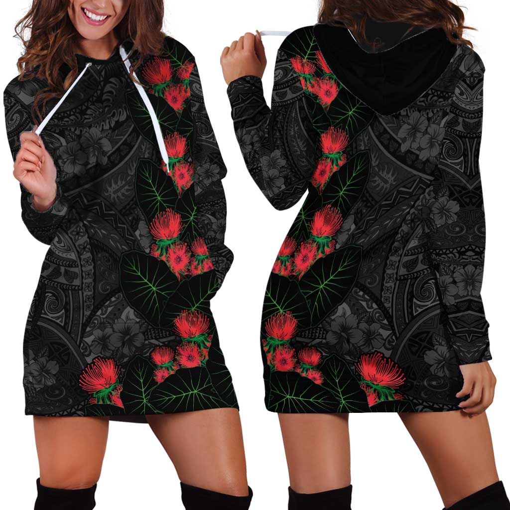 Hawaiian Taro Leaves and Ohia Lehua Hoodie Dress Polynesian Tribal Art Tropical Plants Motifs Grayscale LT03 - Polynesian Pride
