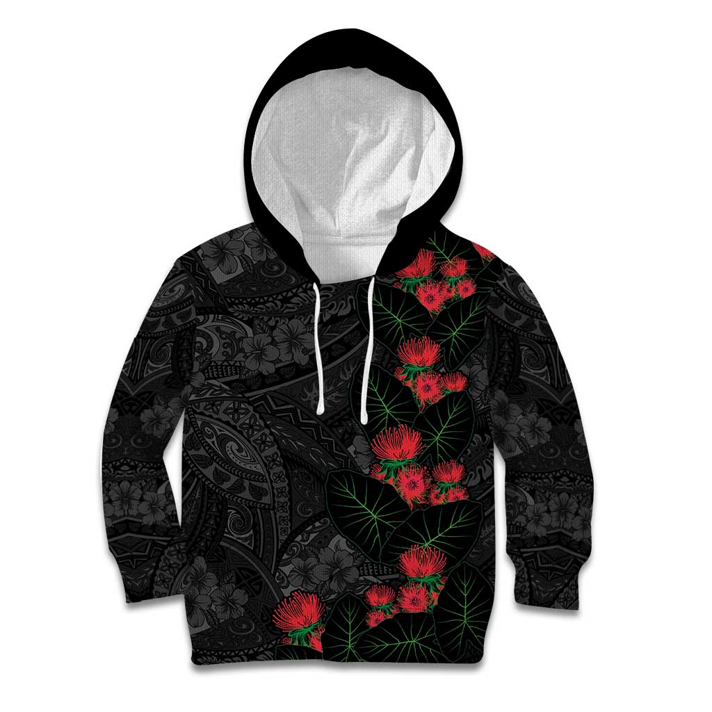 Hawaiian Taro Leaves and Ohia Lehua Kid Hoodie Polynesian Tribal Art Tropical Plants Motifs Grayscale LT03 Hoodie Multicolor - Polynesian Pride