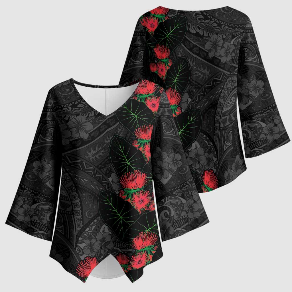 Hawaiian Taro Leaves and Ohia Lehua Kimono Sleeve Blouse Polynesian Tribal Art Tropical Plants Motifs Grayscale LT03 - Polynesian Pride