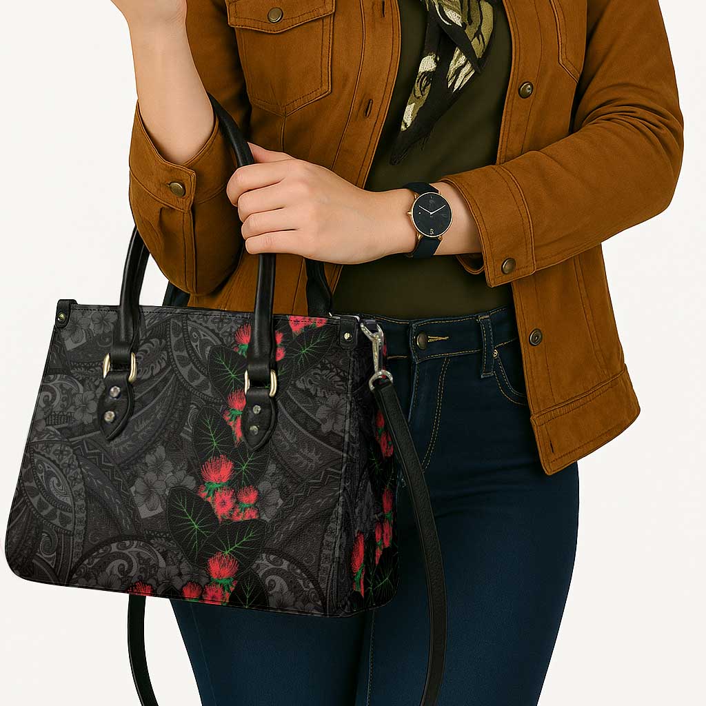 Hawaiian Taro Leaves and Ohia Lehua Leather Bag Polynesian Tribal Art Tropical Plants Motifs Grayscale