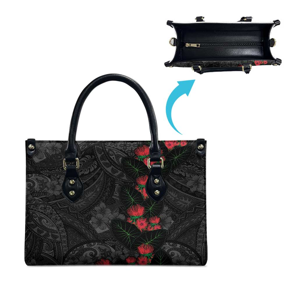Hawaiian Taro Leaves and Ohia Lehua Leather Bag Polynesian Tribal Art Tropical Plants Motifs Grayscale