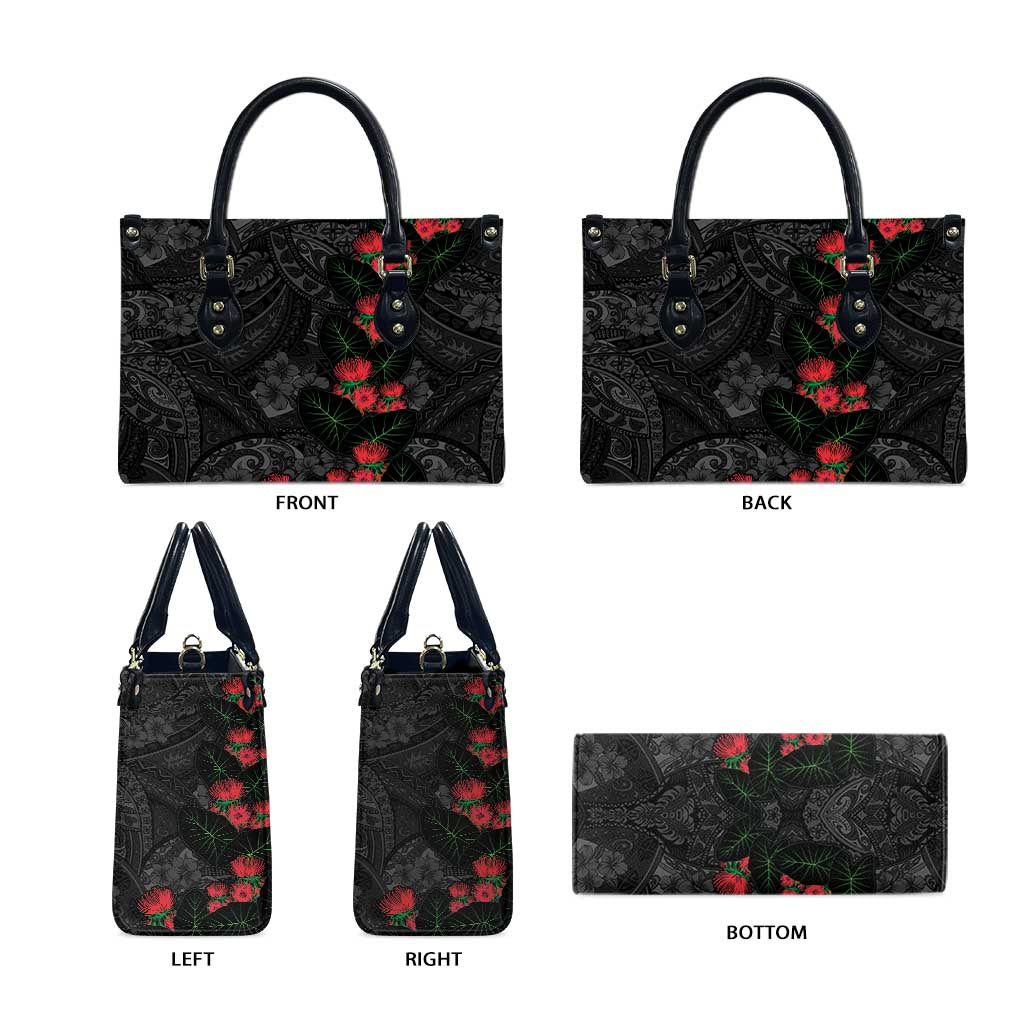 Hawaiian Taro Leaves and Ohia Lehua Leather Bag Polynesian Tribal Art Tropical Plants Motifs Grayscale