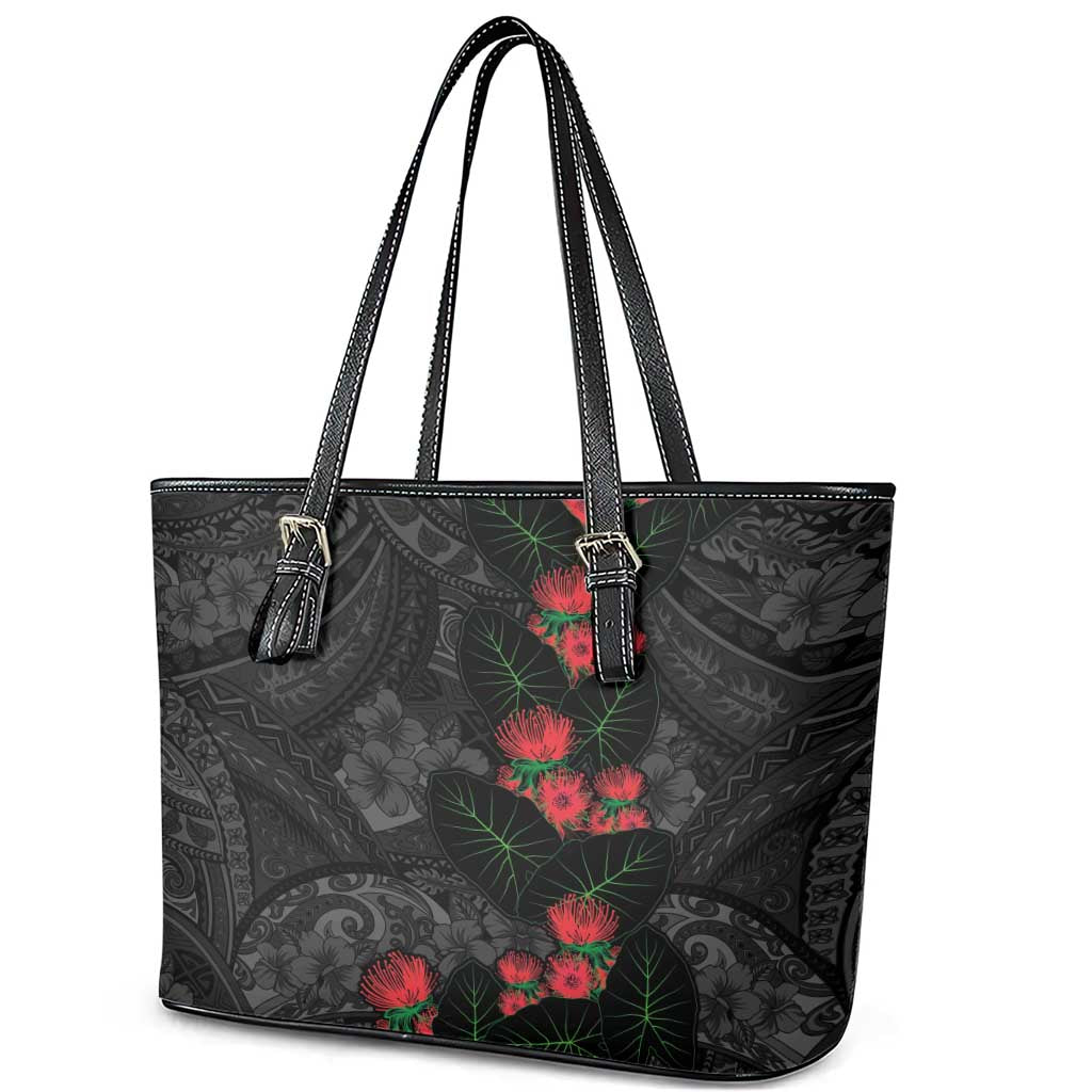 Hawaiian Taro Leaves and Ohia Lehua Leather Tote Bag Polynesian Tribal Art Tropical Plants Motifs Grayscale LT03 - Polynesian Pride