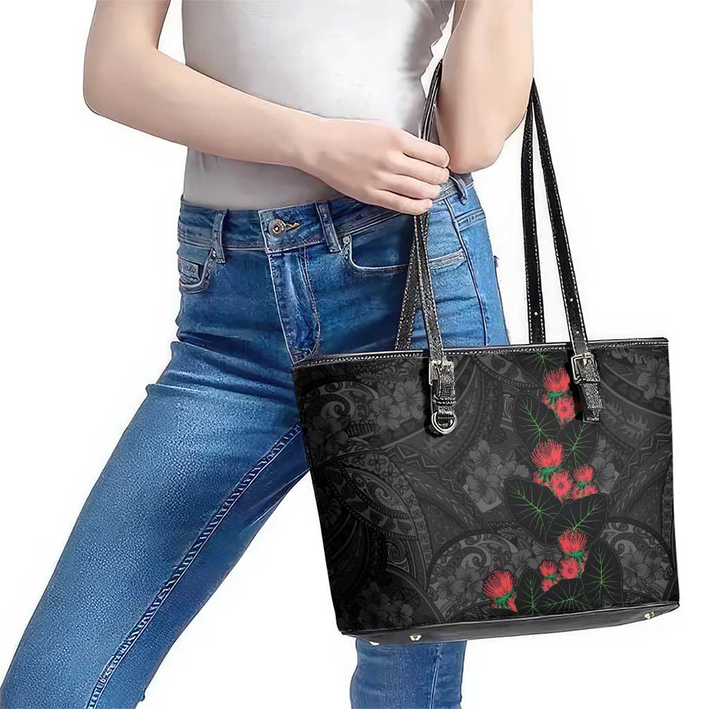 Hawaiian Taro Leaves and Ohia Lehua Leather Tote Bag Polynesian Tribal Art Tropical Plants Motifs Grayscale LT03 - Polynesian Pride