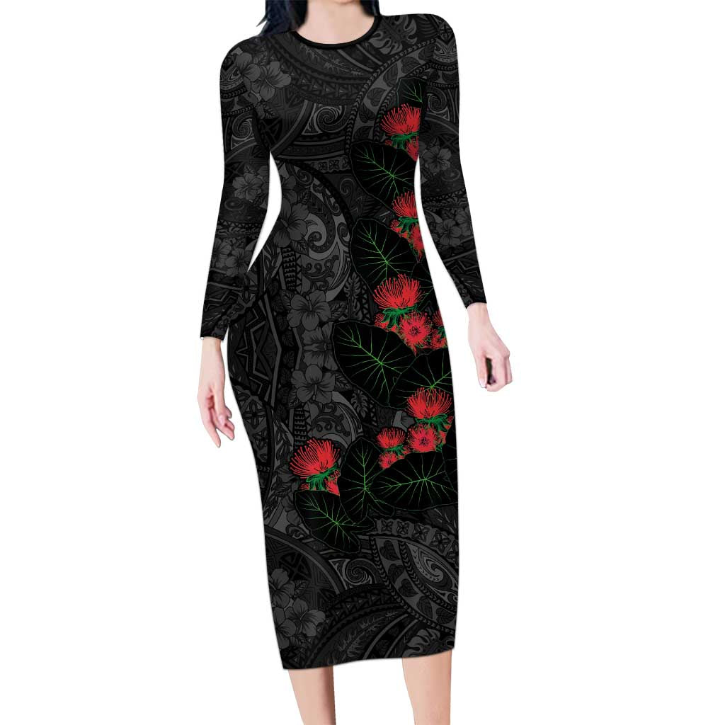 Hawaiian Taro Leaves and Ohia Lehua Long Sleeve Bodycon Dress Polynesian Tribal Art Tropical Plants Motifs Grayscale LT03 Long Dress Multicolor - Polynesian Pride