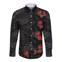 Hawaiian Taro Leaves and Ohia Lehua Long Sleeve Button Shirt Polynesian Tribal Art Tropical Plants Motifs Grayscale LT03 Unisex Multicolor - Polynesian Pride