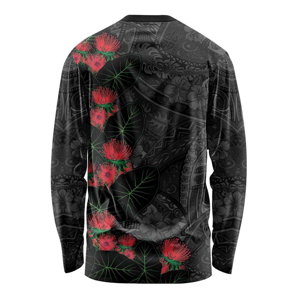 Hawaiian Taro Leaves and Ohia Lehua Long Sleeve Shirt Polynesian Tribal Art Tropical Plants Motifs Grayscale LT03 - Polynesian Pride