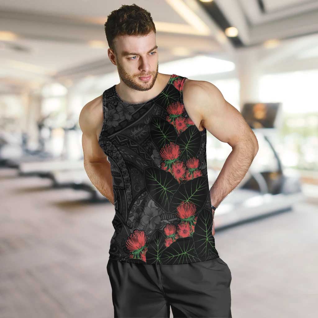 Hawaiian Taro Leaves and Ohia Lehua Men Tank Top Polynesian Tribal Art Tropical Plants Motifs Grayscale LT03 Multicolor - Polynesian Pride