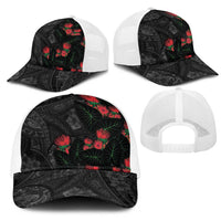 Hawaiian Taro Leaves and Ohia Lehua Mesh Trucker Cap Polynesian Tribal Art Tropical Plants Motifs Grayscale