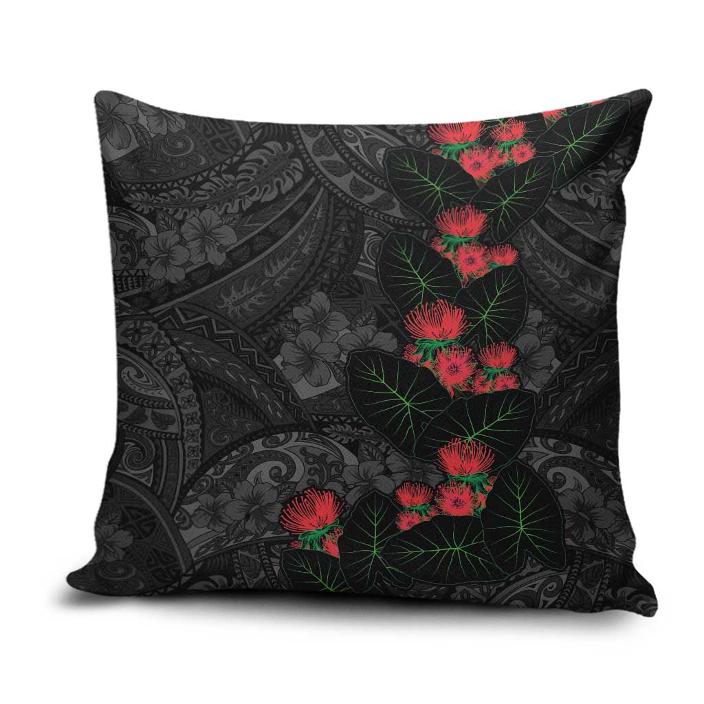 Hawaiian Taro Leaves and Ohia Lehua Pillow Cover Polynesian Tribal Art Tropical Plants Motifs Grayscale LT03 Multicolor - Polynesian Pride