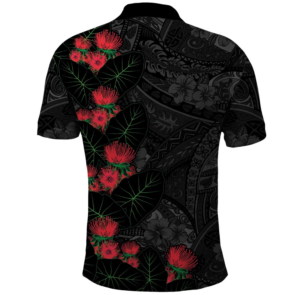 Hawaiian Taro Leaves and Ohia Lehua Polo Shirt Polynesian Tribal Art Tropical Plants Motifs Grayscale LT03 - Polynesian Pride