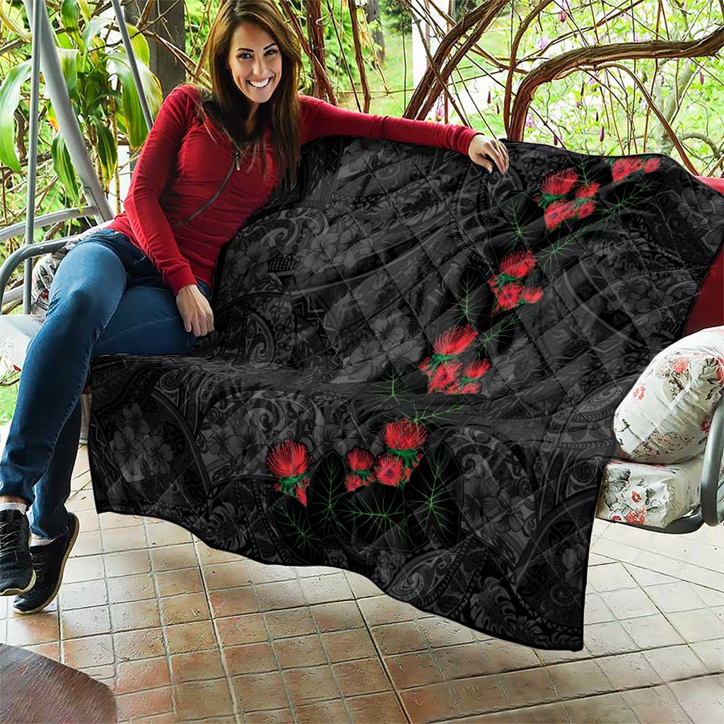 Hawaiian Taro Leaves and Ohia Lehua Quilt Polynesian Tribal Art Tropical Plants Motifs Grayscale