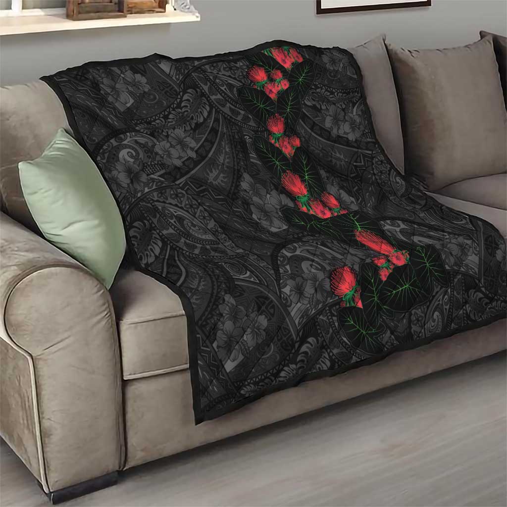 Hawaiian Taro Leaves and Ohia Lehua Quilt Polynesian Tribal Art Tropical Plants Motifs Grayscale