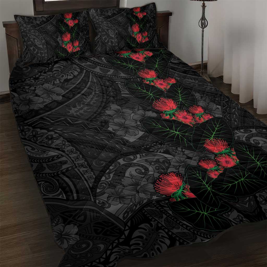 Hawaiian Taro Leaves and Ohia Lehua Quilt Bed Set Polynesian Tribal Art Tropical Plants Motifs Grayscale
