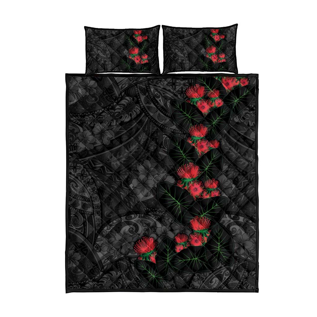 Hawaiian Taro Leaves and Ohia Lehua Quilt Bed Set Polynesian Tribal Art Tropical Plants Motifs Grayscale