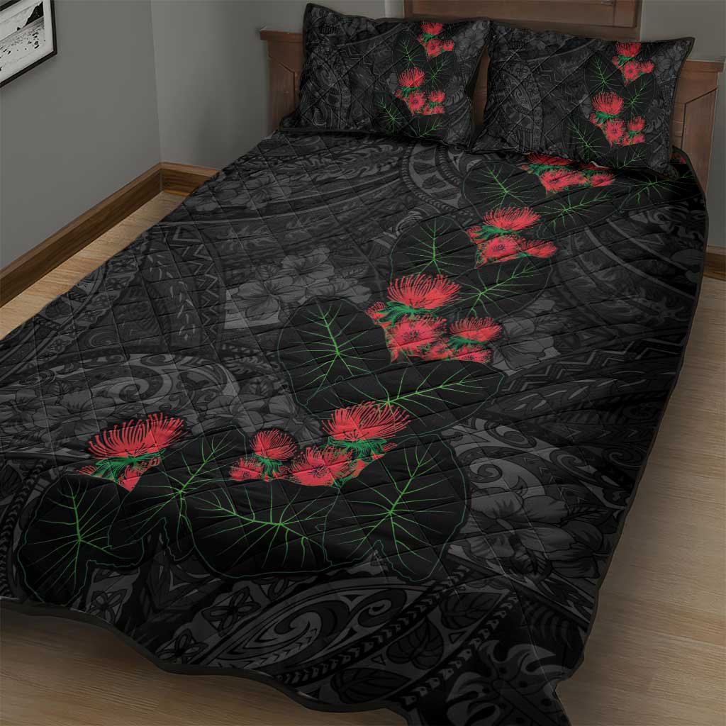 Hawaiian Taro Leaves and Ohia Lehua Quilt Bed Set Polynesian Tribal Art Tropical Plants Motifs Grayscale
