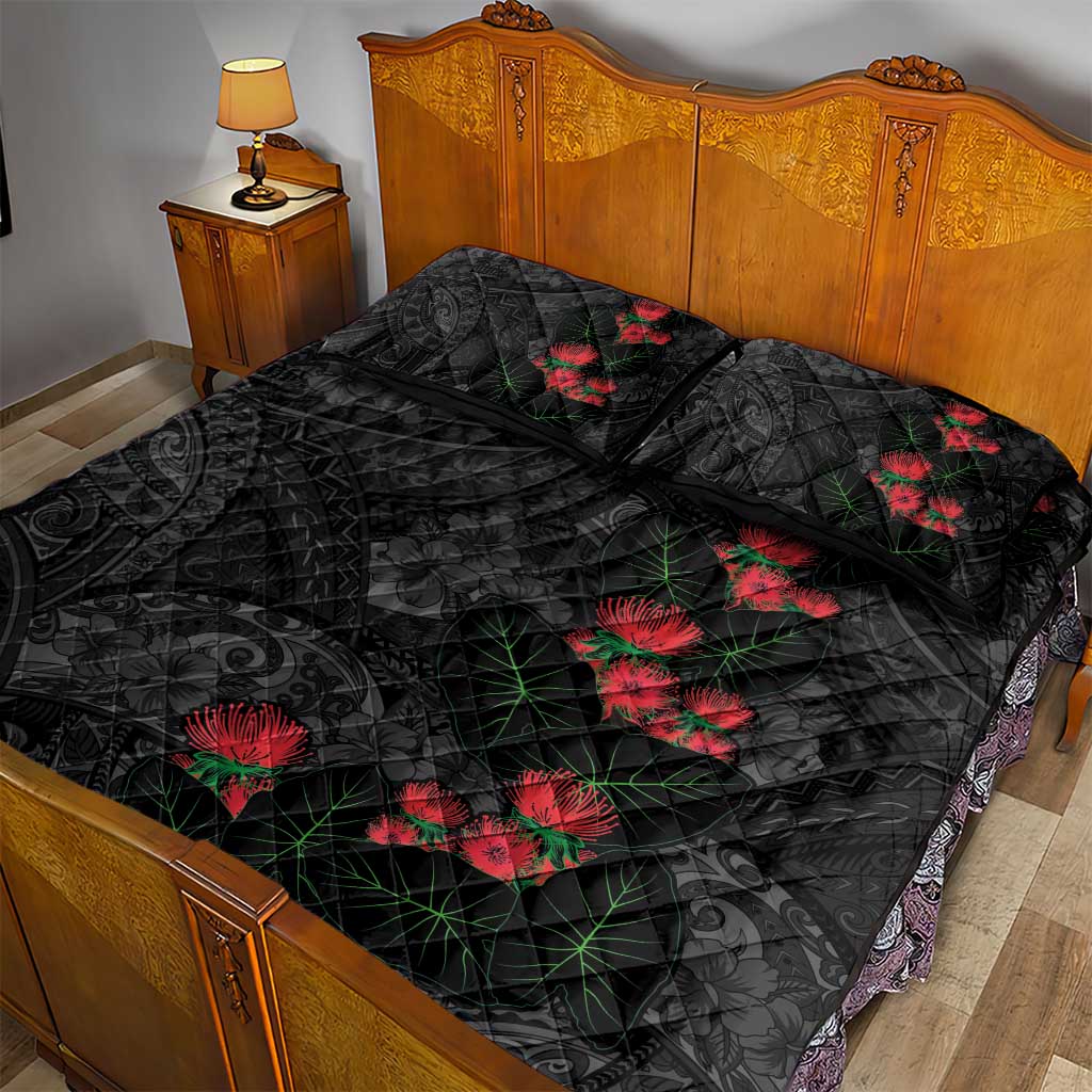 Hawaiian Taro Leaves and Ohia Lehua Quilt Bed Set Polynesian Tribal Art Tropical Plants Motifs Grayscale