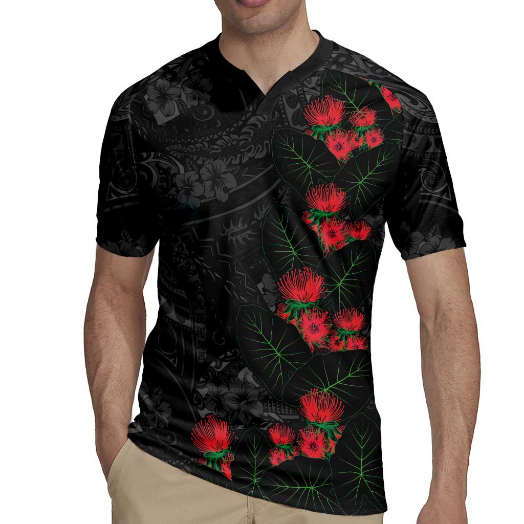 Hawaiian Taro Leaves and Ohia Lehua Rugby Jersey Polynesian Tribal Art Tropical Plants Motifs Grayscale LT03 - Polynesian Pride