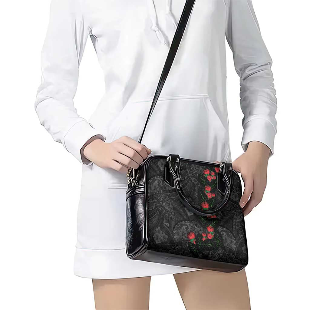 Hawaiian Taro Leaves and Ohia Lehua Shoulder Handbag Polynesian Tribal Art Tropical Plants Motifs Grayscale
