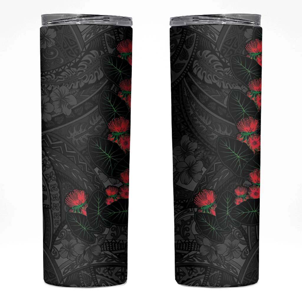 Hawaiian Taro Leaves and Ohia Lehua Skinny Tumbler Polynesian Tribal Art Tropical Plants Motifs Grayscale LT03 Multicolor - Polynesian Pride