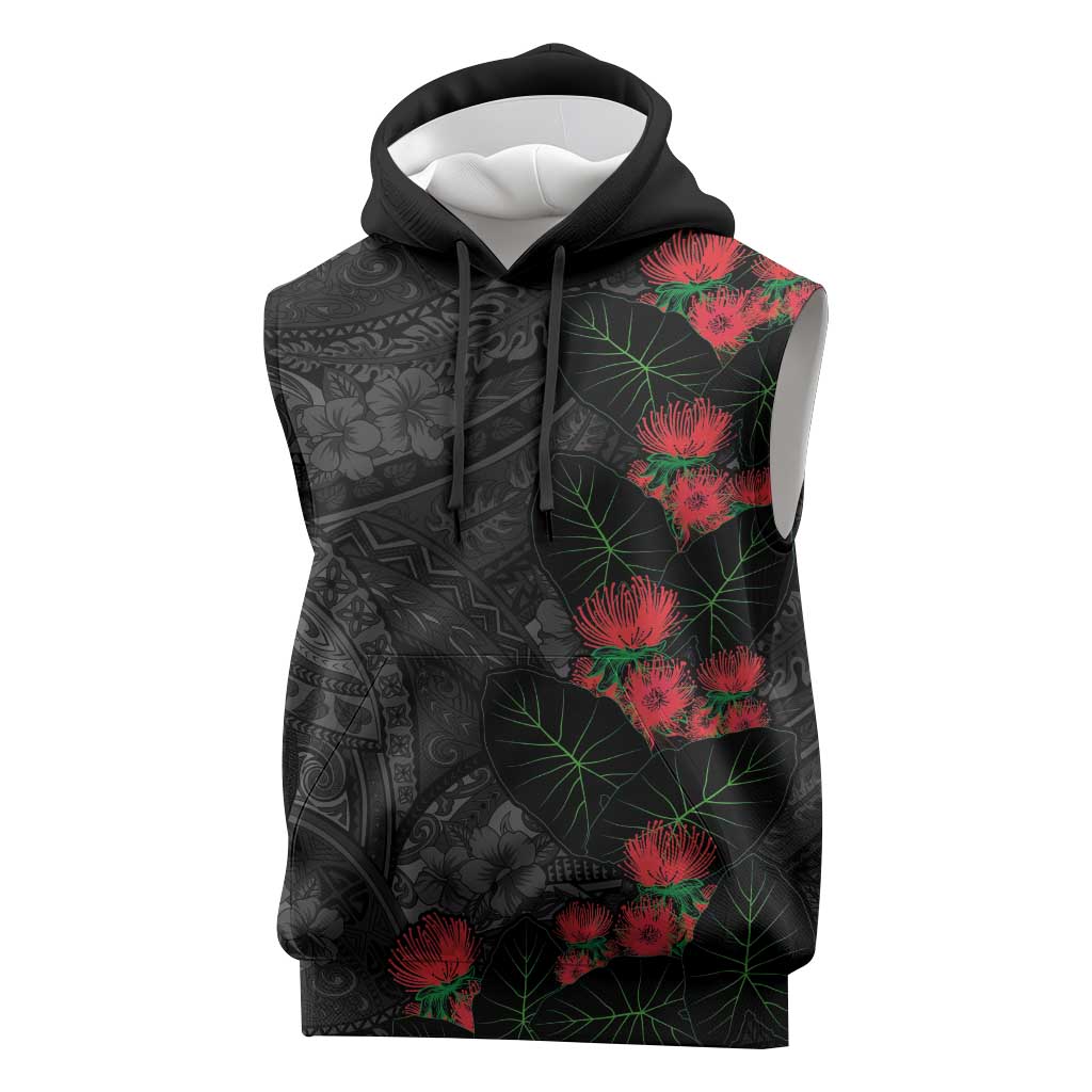 Hawaiian Taro Leaves and Ohia Lehua Sleeveless Hoodie Polynesian Tribal Art Tropical Plants Motifs Grayscale LT03 Multicolor - Polynesian Pride