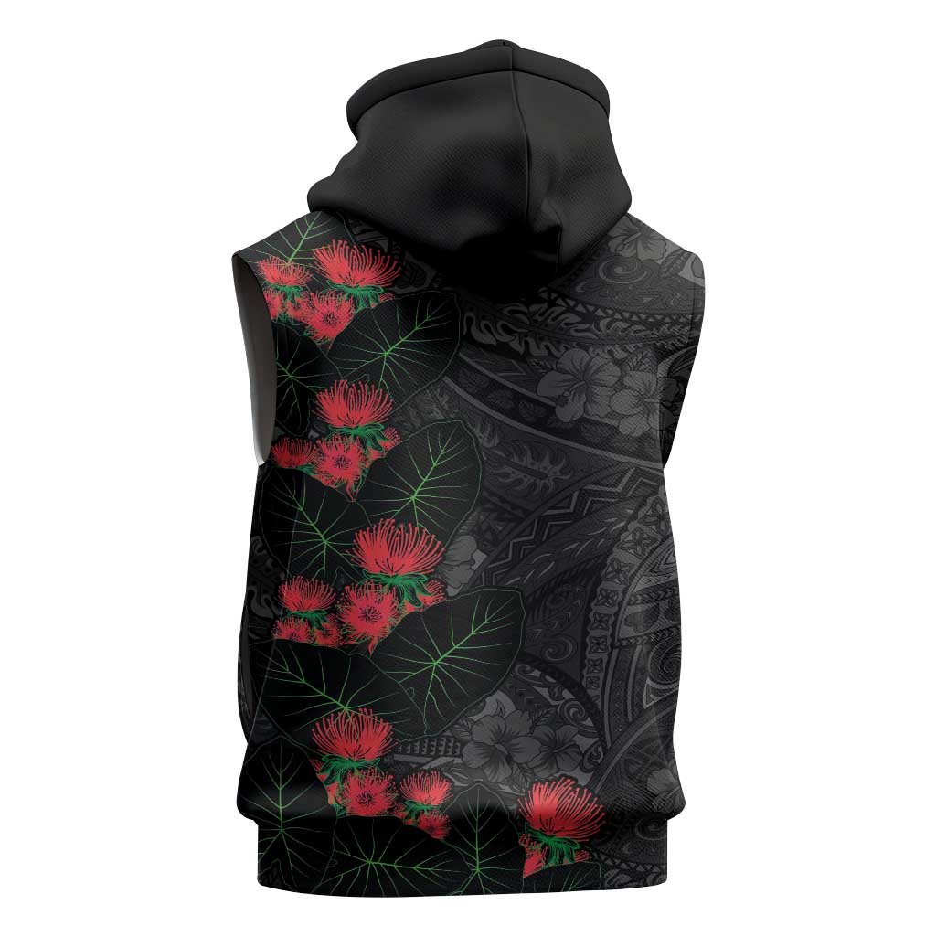 Hawaiian Taro Leaves and Ohia Lehua Sleeveless Hoodie Polynesian Tribal Art Tropical Plants Motifs Grayscale LT03 - Polynesian Pride