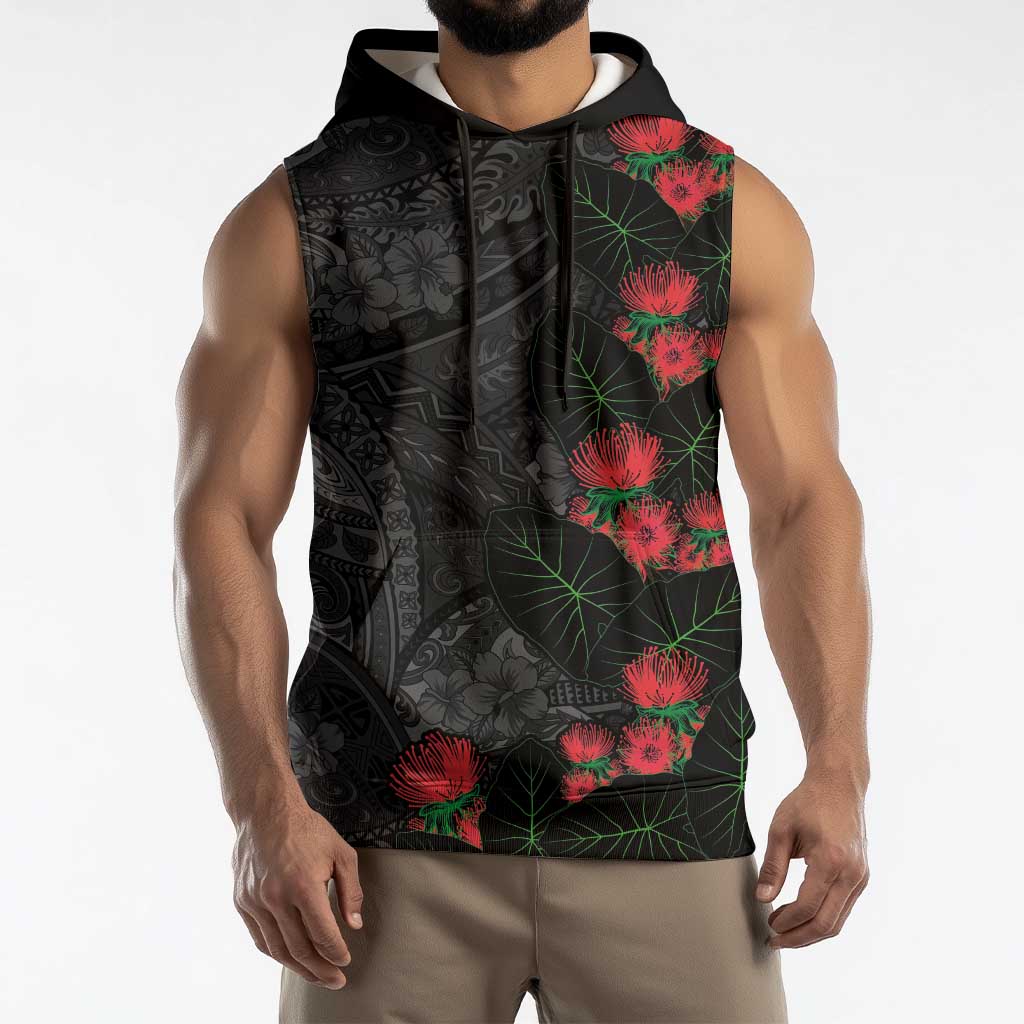 Hawaiian Taro Leaves and Ohia Lehua Sleeveless Hoodie Polynesian Tribal Art Tropical Plants Motifs Grayscale LT03 - Polynesian Pride