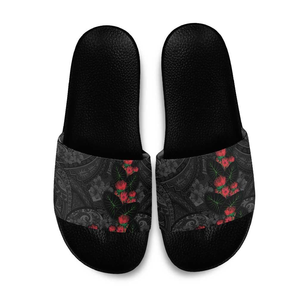 Hawaiian Taro Leaves and Ohia Lehua Slide Sandals Polynesian Tribal Art Tropical Plants Motifs Grayscale