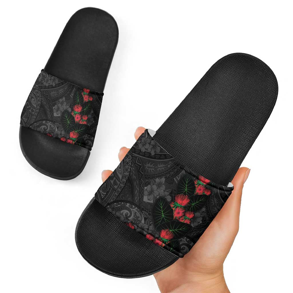 Hawaiian Taro Leaves and Ohia Lehua Slide Sandals Polynesian Tribal Art Tropical Plants Motifs Grayscale LT03 - Polynesian Pride
