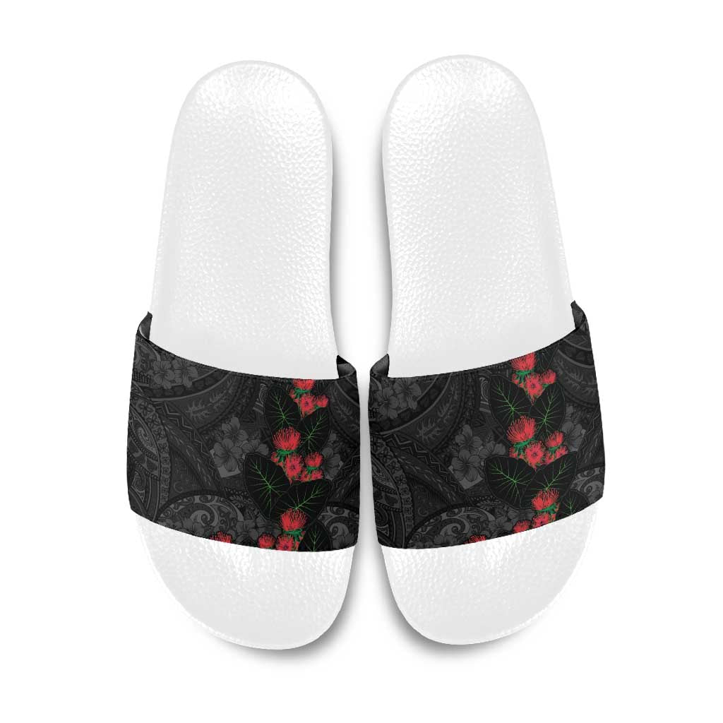 Hawaiian Taro Leaves and Ohia Lehua Slide Sandals Polynesian Tribal Art Tropical Plants Motifs Grayscale LT03 Multicolor - Polynesian Pride