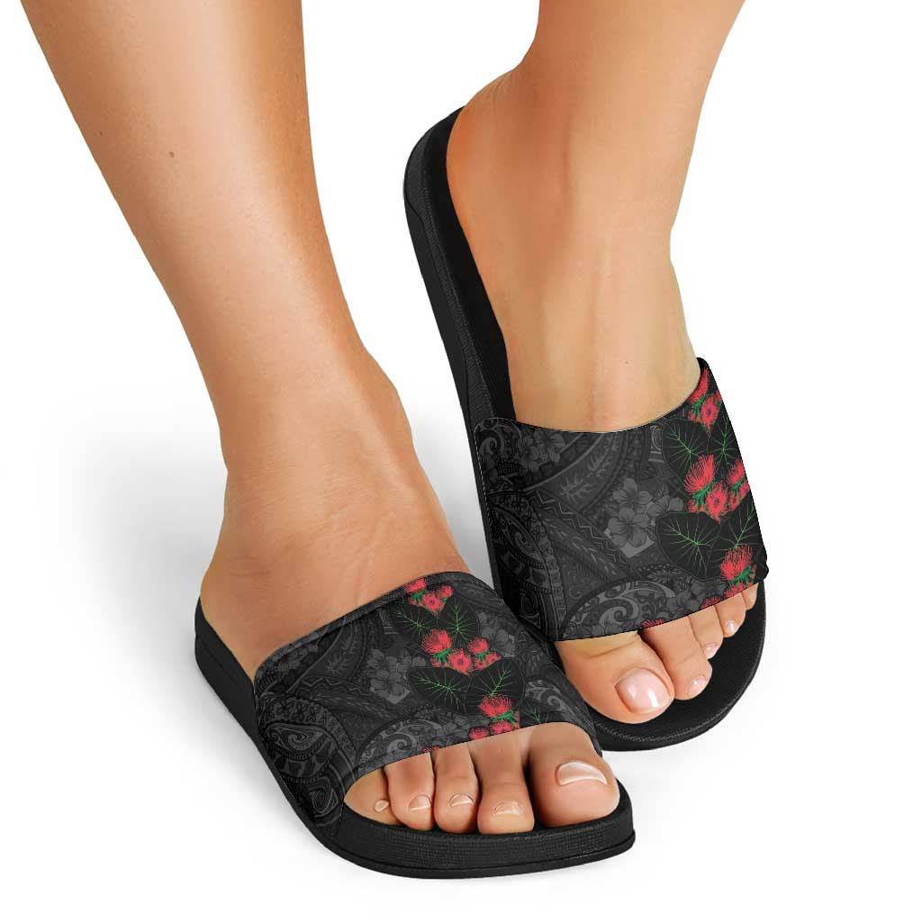 Hawaiian Taro Leaves and Ohia Lehua Slide Sandals Polynesian Tribal Art Tropical Plants Motifs Grayscale LT03 - Polynesian Pride