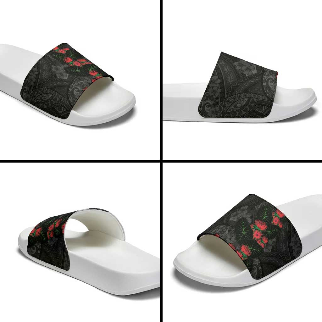 Hawaiian Taro Leaves and Ohia Lehua Slide Sandals Polynesian Tribal Art Tropical Plants Motifs Grayscale LT03 - Polynesian Pride