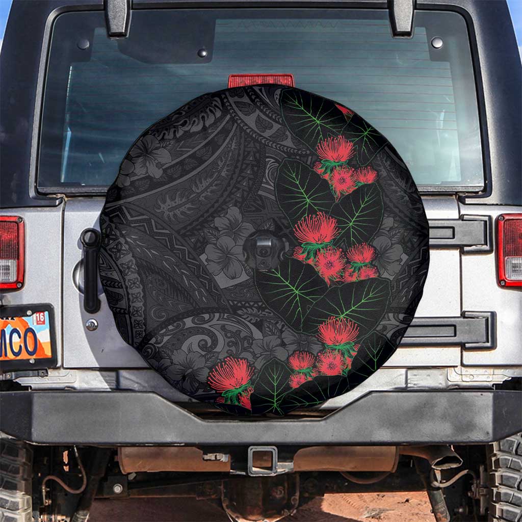 Hawaiian Taro Leaves and Ohia Lehua Spare Tire Cover Polynesian Tribal Art Tropical Plants Motifs Grayscale LT03 Multicolor - Polynesian Pride