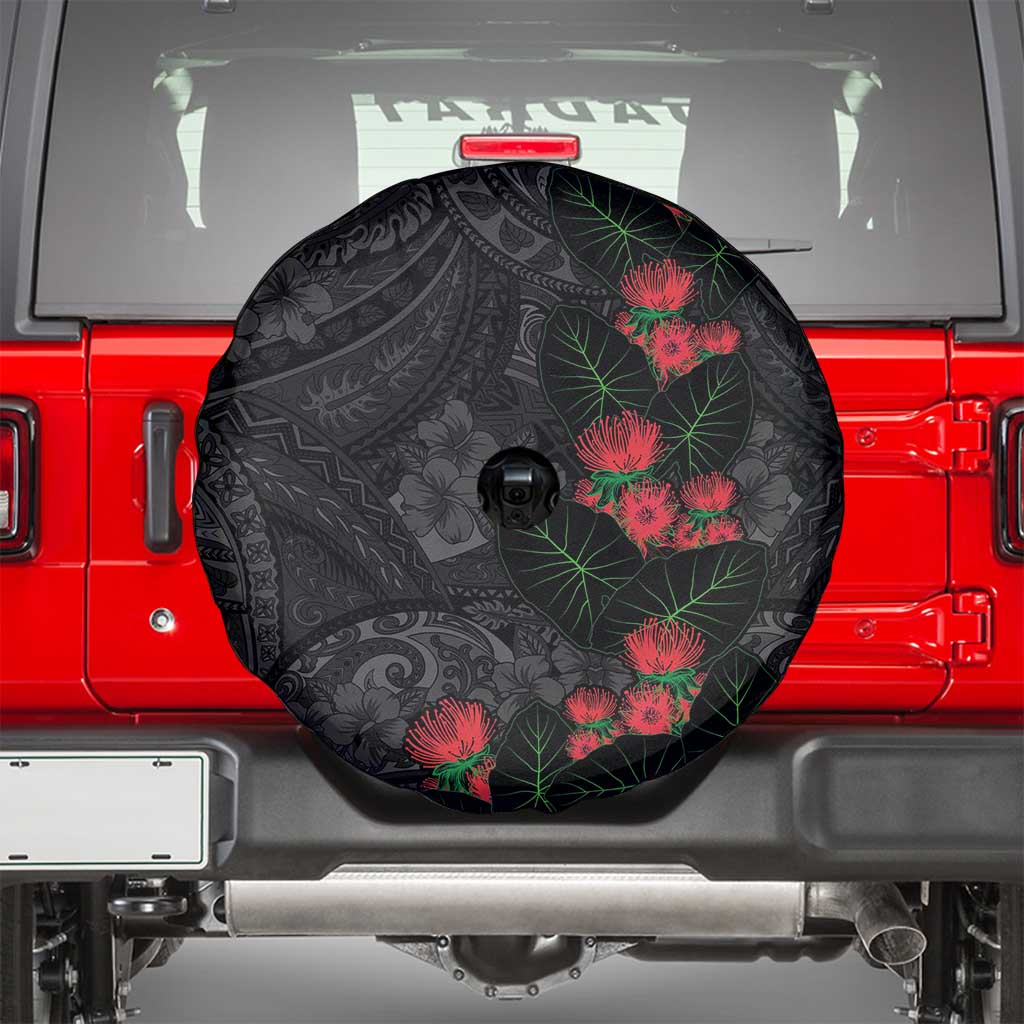 Hawaiian Taro Leaves and Ohia Lehua Spare Tire Cover Polynesian Tribal Art Tropical Plants Motifs Grayscale LT03 - Polynesian Pride