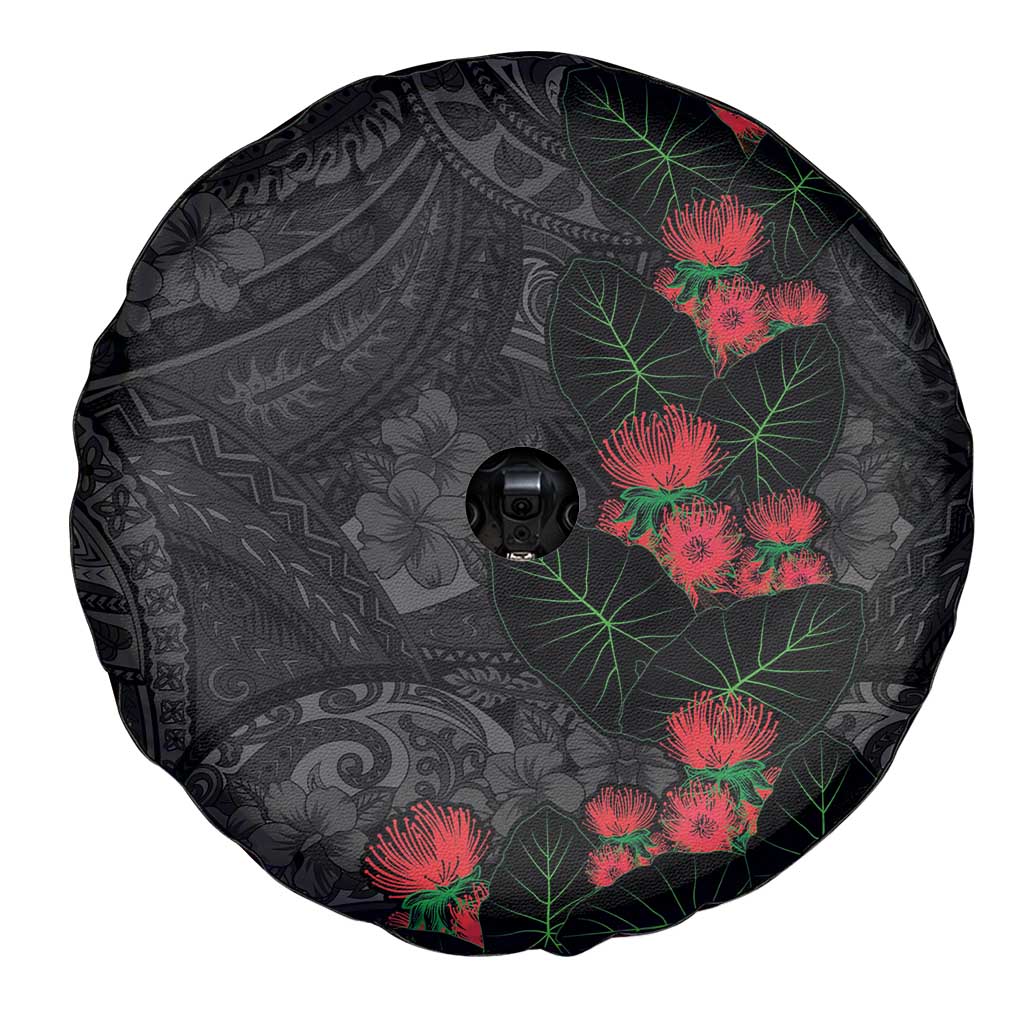 Hawaiian Taro Leaves and Ohia Lehua Spare Tire Cover Polynesian Tribal Art Tropical Plants Motifs Grayscale LT03 - Polynesian Pride